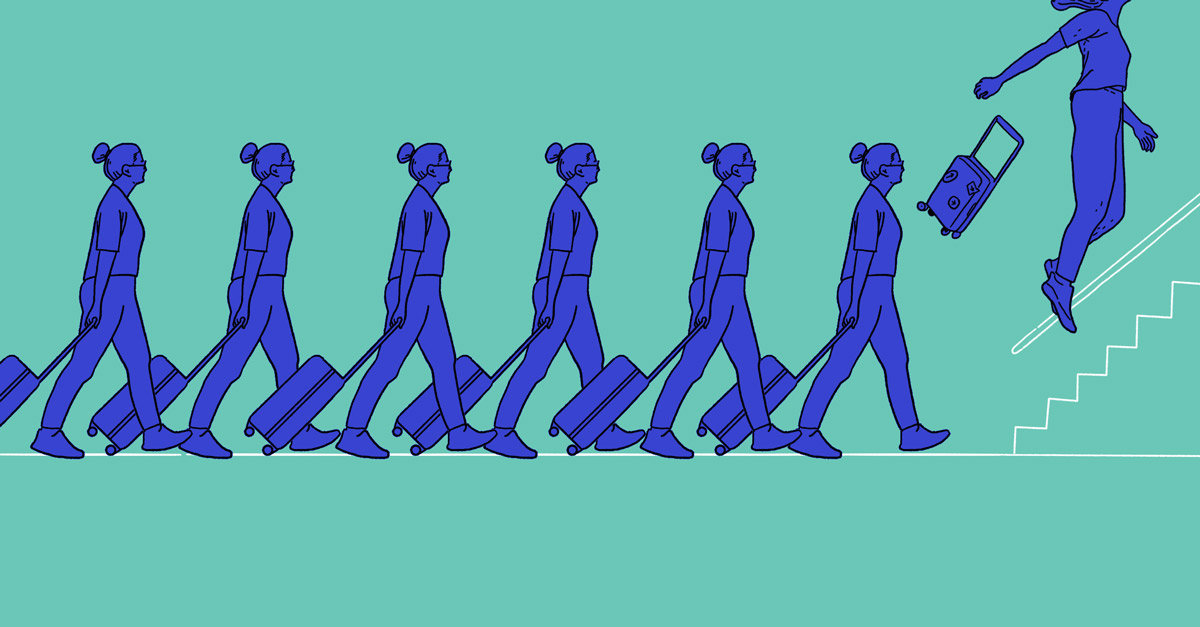 Building Language-Agnostic Customer Support: a line of identical women strolling with suitcases and the last one soaring