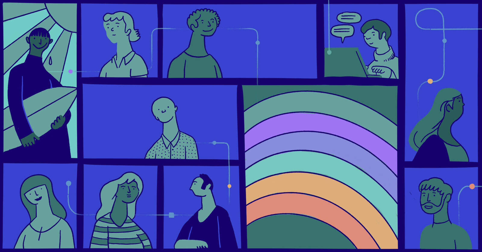 Unbabel team community activities: collage of different people engaging in surfing, chatting and working