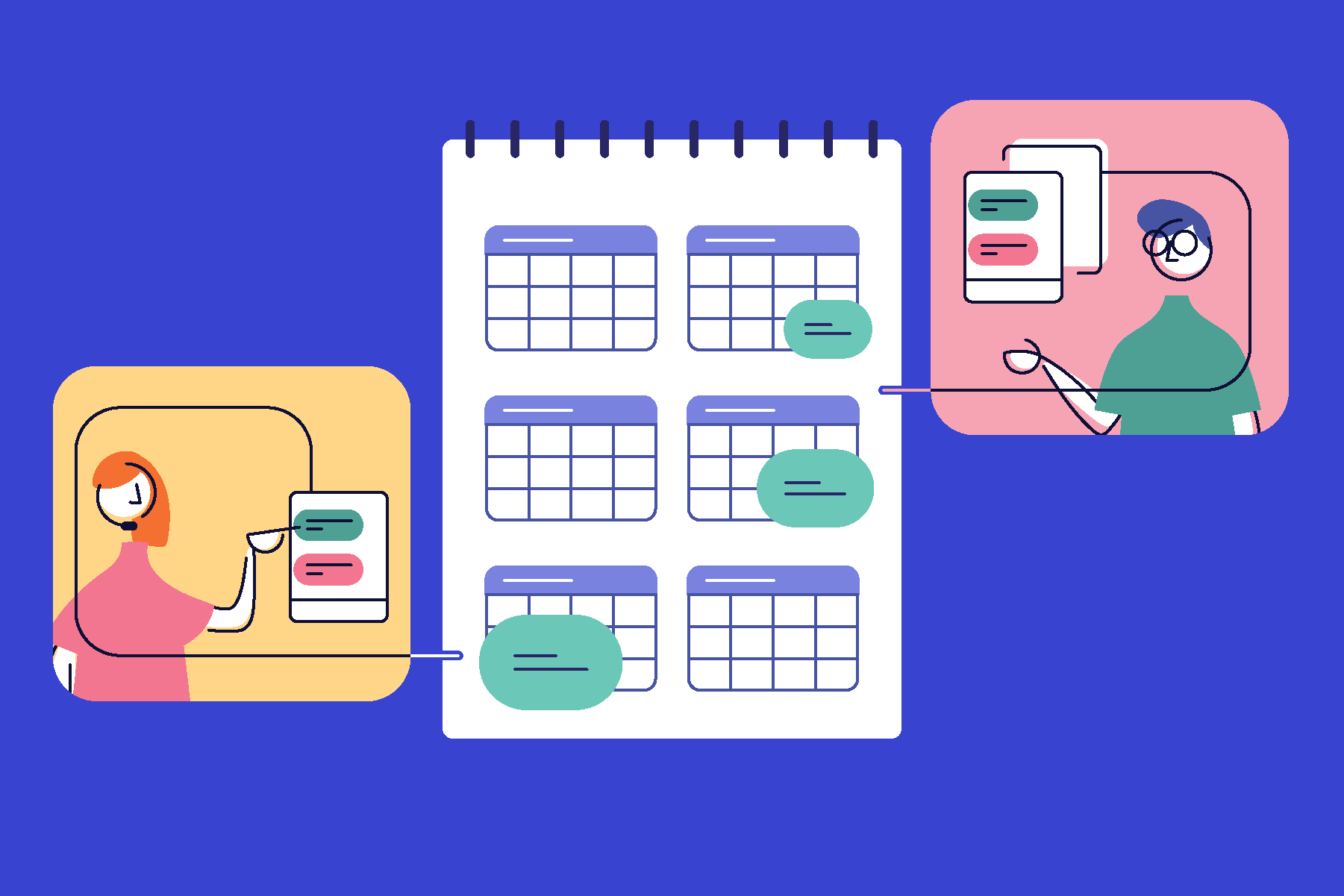 Two people with chat boxes with a calendar in the middle