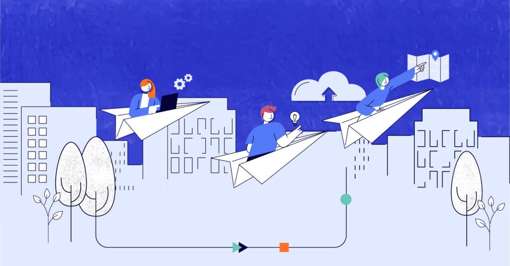 Figures using paper airplanes to travel